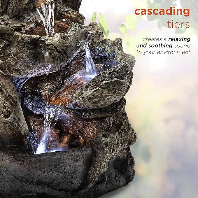 Alpine Corporation | 14"H Indoor Tiered Log Tabletop Fountain with LED Lights — Cascading Waterfall Design Creates Relaxing Ambiance for Home & Office Décor