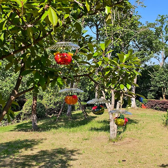 Small Glass Hummingbird Feeders for Outdoors Hanging - 4PC X Mixed Color Hand Blown Glass Pumpkin Nectar Feeding + Rain Cover, 2 Flowers Feeding Ports, Decor for Garden/Backyard Outside