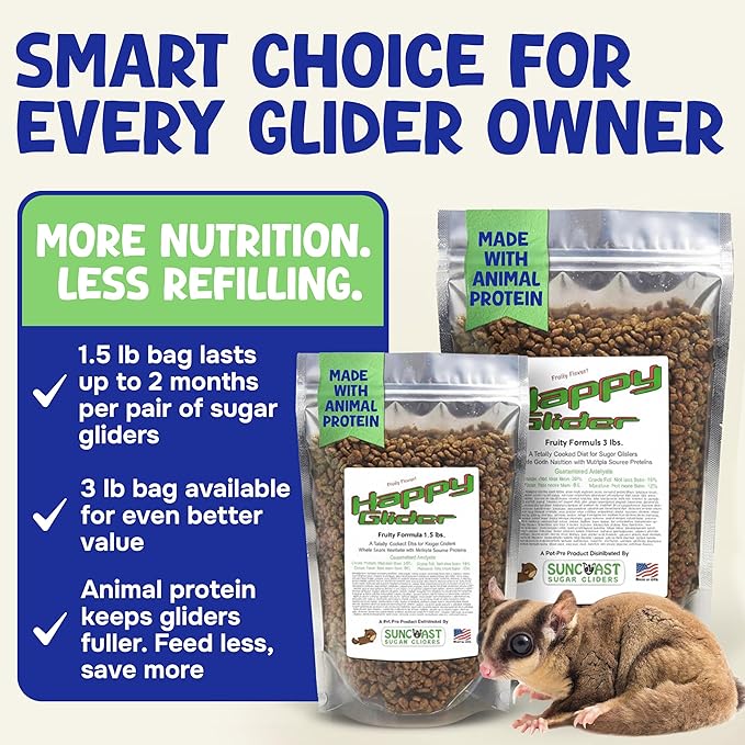 Happy Glider Premium Sugar Glider Food - High Protein, Calcium, Vitamins and Minerals, Complete Nutrition for Small Animals and Exotic Pets, 4 Months Supply - Fruity, 3 lbs