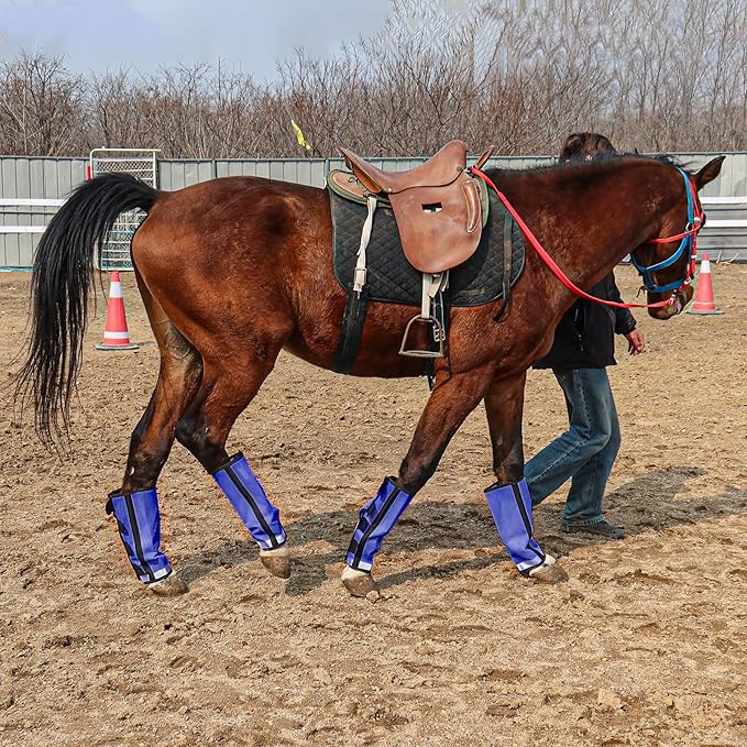 Fly Boots for Horses Set of 4 Leg Wraps Protection, Mesh Horse Fly Leggings Breathable Tendon Boots for Reduces Stomping & Leg Fatigue Dark Blue Large
