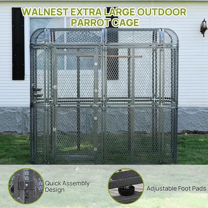 Large Walk-in Cage 77-inch Heavy Duty Birdcage Outdoor Diamond Grid Aviary Parrot Cage Wide Flight Metal Birdcage for Macaw Budgie Conure Lovebird Parakeet Cockatiel, 6.4x3.87x5.91ft, Silver