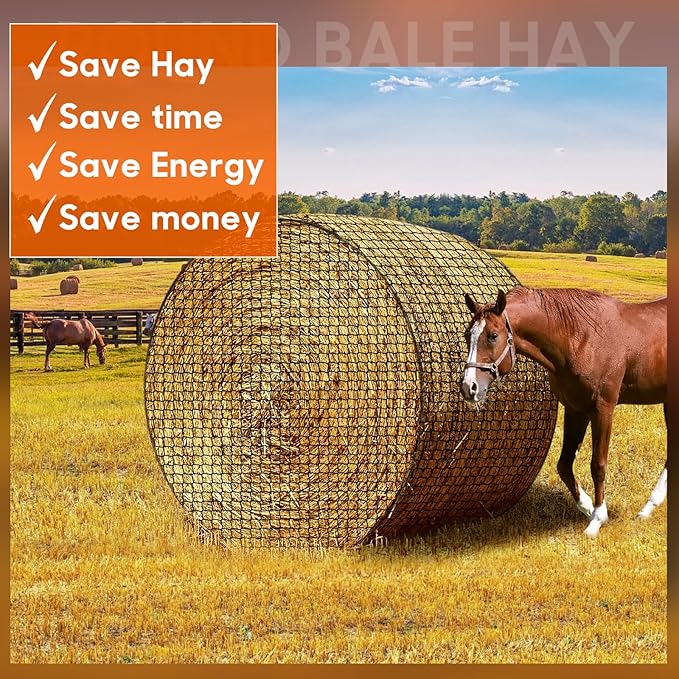 5 x 5 ft Round Bale Hay Net for Horses, with 20 Ropes, Netting Comb, Cable Tie,Large Slow Feed Hay Net， 2" Hole Size， Reduces Hay Waste， for Horses, Goats, Cattle and Livestock