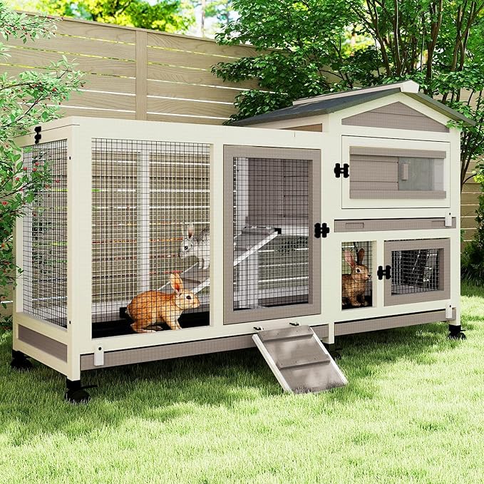 Rabbit Hutch Outdoor Indoor, 2 Story Wooden Bunny Cage with 6 Lockable Wheels, 3 Removable Deep No Leakage Pull Out Trays for Rabbit & Guinea Pig, Chew-Proof Ramp & Waterproof Roof, Grey