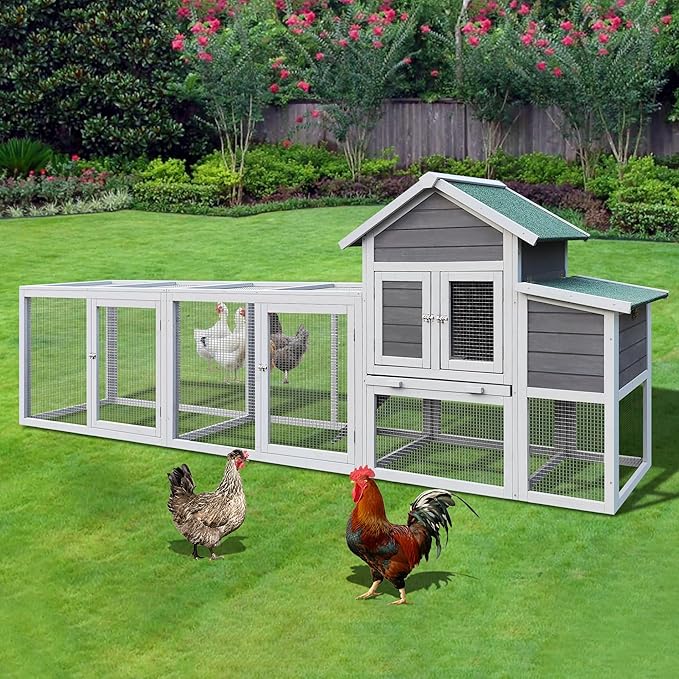 Gray Wooden Chicken Coop with Run and Nesting Box – Outdoor Hen House for 3–4 Chickens, Weatherproof Roof, Sliding Tray & Secure Predator-Proof Poultry Cage