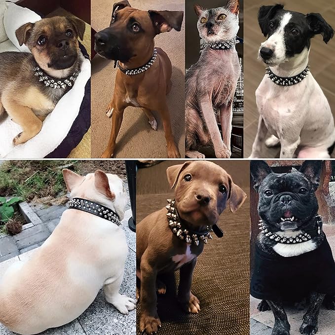 TEEMERRYCA Adjustable Microfiber Leather Spiked Studded Dog Collars with a Squeak Ball Gift for Small Medium Large Pets Like Cats/Pit Bull/Bulldog/Pugs/Husky, Black, S 10.8-13.2 inches