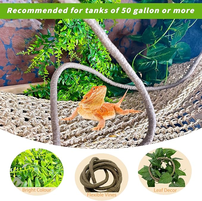 Tfwadmx 2Pcs Large Bearded Dragon Hammock Lizard Lounger Natural Seagrass Fiber Reptile Habitat Decor with Leaves Rattan Plant for Geckos Snakes