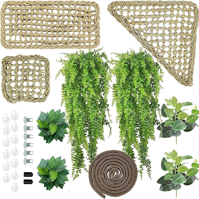 Woyrise 10Pcs Bearded Dragon Tank Accessories, Reptile Hammock Terrarium Plants Jungle Climbing Vines Habitat Decoration for Snakes Bearded Dragon Chameleon Gecko Lizard