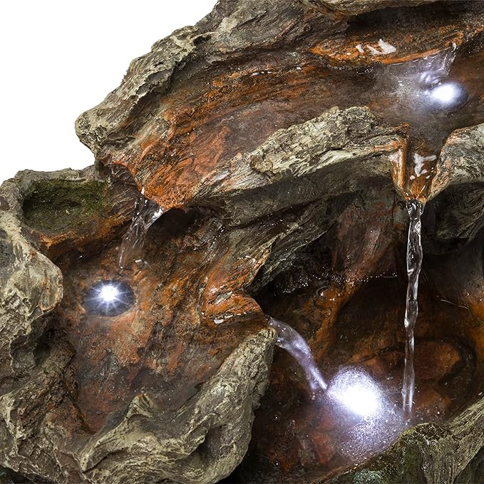 Alpine Corporation WIN1334 10" Tall Tabletop 3-Tier Waterfall Rock Fountain with LED Lights, Indoor Decorative Water Feature for Desk, Table, Office, and Home, Brown