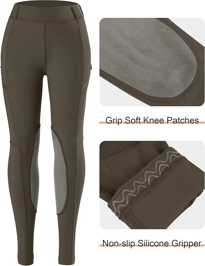 SANTINY Girls Horse Riding Pants with Zipper Pockets Kids Stretchy Equestrian Breeches Knee-Patch Youth Schooling Tights