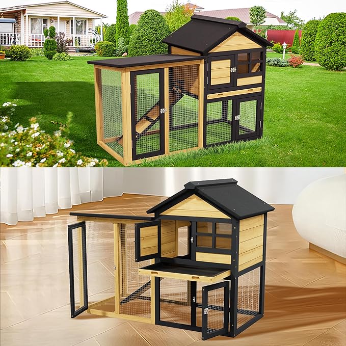 Bunny Cage Premium Rabbit Hutch with Leak-Proof Roof, 2-Story Bunny House for Guinea Pigs & Hamster, Wooden Chicken House with Deep Pull-Out Tray, Waterproof Chicken Coop for Outside (Yellow Black)