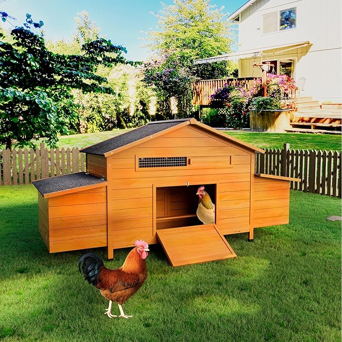 Large Wooden Chicken Coop for 3-4 Chickens – Outdoor Hen House with Nesting Box, Perch, Pull-Out Tray, Waterproof Roof & Predator-Proof Lock, Ventilated Weatherproof Chicken Cage Natural
