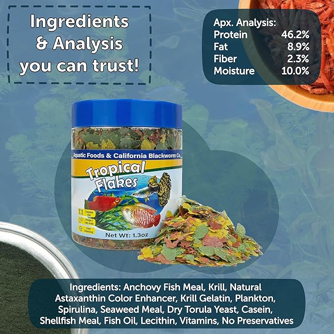 Aquatic Foods Inc. Premium Tropical Fish Flakes, for Angel Fish, Guppies, Live Bearers, Loaches, Gouramis, Cichlids, All Tropical Fish. 12-Type pellets and 4-Type Wafers Included..7.0oz Canister