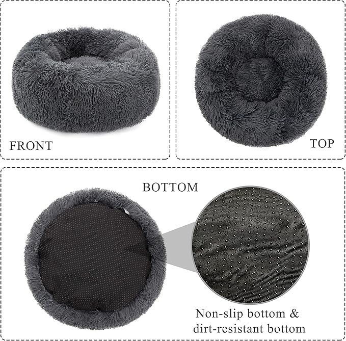 Calming Cat Bed, Soft Round Cuddler Dog Beds Fluffy Plush Faux Fur Pet Beds, Anit-Anxiety Self-Warming Comfy (20", Dark Grey)
