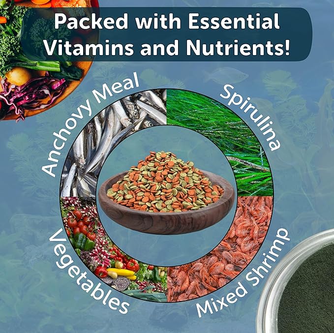 Aquatic Foods Inc. 3.5mm - 1/8" Micro Sinking Wafers of Spirulina, Algae & Color Enhancing Wafers for Bottom Fish, Shrimp, Snails, Tropicals. 4-Type Wafer & 12-Type Pellets Included 6oz Canister