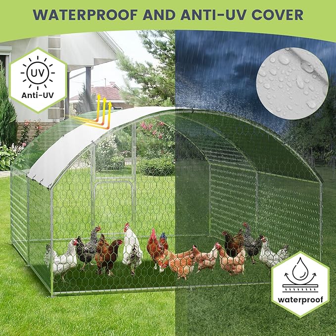 Large Metal Chicken Coop Run,Outdoor Walk-in Cage Peak Hen House with Waterproof and Anti-Uv Cover,Dome Roof Hen House with Security Lock for Outdoor,Backyard and Farm, 9.8 x 13.1 x 6.6 ft
