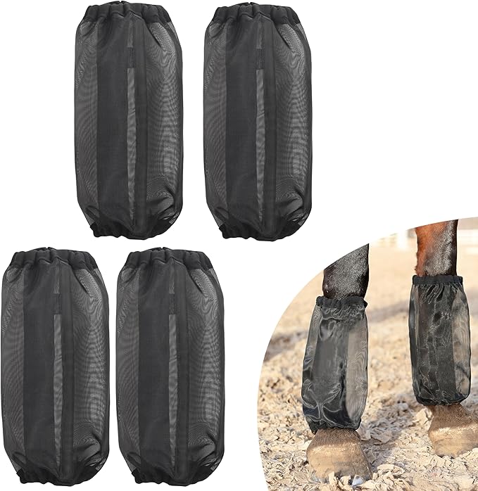 Equine Protective Mesh Leggings & Fly Boots Breathable UV Protection, Non-Slip Fit, Set of 4 (Black)