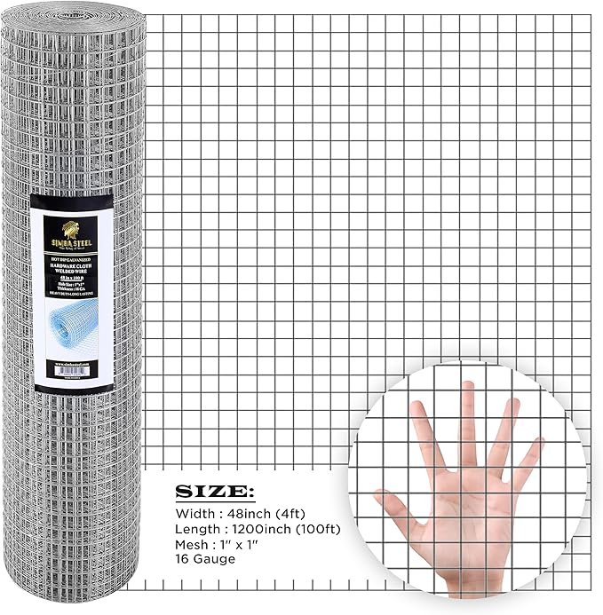 48” x 100 FT Hardware Cloth 1 inch Mesh 16 Gauge, Hot Dip Galvanised Wire Mesh, Rust Proof, Welded Cage Wire Rolls for Garden, Fence, Chicken, Rabbit, Pet Enclosures