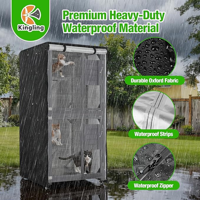 Kingling Outdoor Cat House Cover, Waterproof and Dustproof Protection Cover for Large Cat Cage Condo/Cat House Cover Black(Cover Only) - 32" L x 32" W x 71" H inch