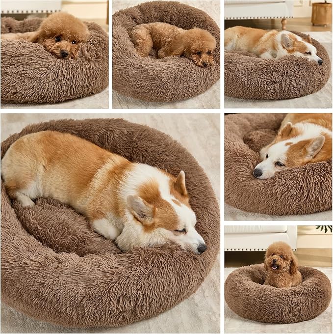 Dog Calming Beds for Small Medium Large Dogs - Round Donut Washable Dog Bed, Anti-Slip Faux Fur Fluffy Donut Cuddler Anxiety Cat Bed(28" Khaki