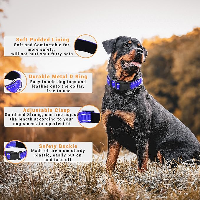 2 Pack Reflective Dog Collar with Safety Locking Buckle, Adjustable Soft Breathable Comfortable Nylon Pet Collar for Small, Medium and Large Dogs, Navyblue, M