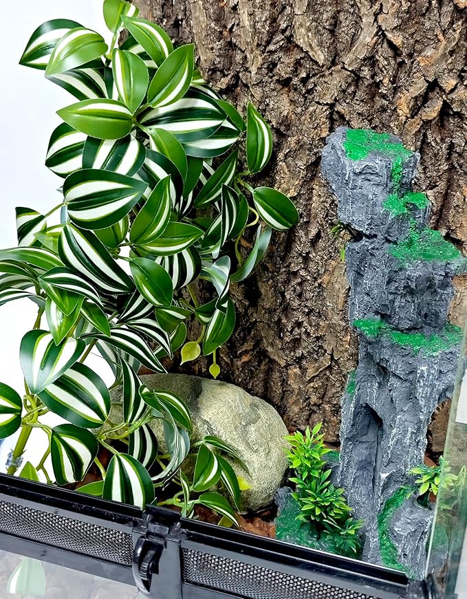 Woyrise Reptile Plants, Terrarium Hanging Plant Vines, Artificial Leaves with Suction Cup, Bearded Dragon Tank Accessories for Gecko Lizard Snake Frog Tortoise Decorations - Zebrina Green