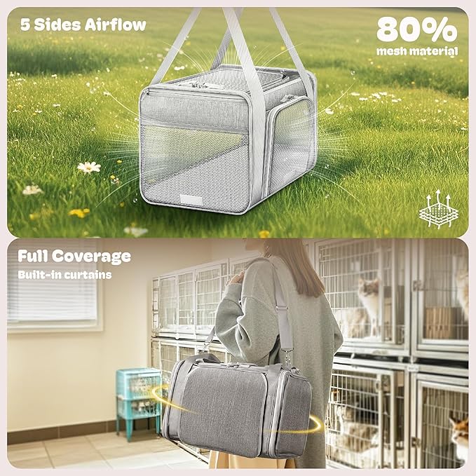 Top and 2 Sides Expandable Pet Carrier 17x11x9.5, TSA Airline Approved Small Dog Carriers for Small Dogs, Soft-Sided Cat Carrier with Self-Locking Zippers for Kitten,Rabbit, Puppy, Guinea Pig Grey