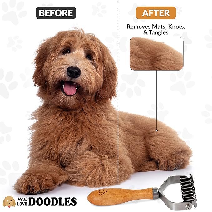 Pet Dematting Comb for Dogs and Cats with Wood Handle, Deshedding Undercoat Rake for Dogs with Stainless Steel Blades, Dog Comb for Detangling Thinning and Shedding, All Hair Types [We Love Doodles]