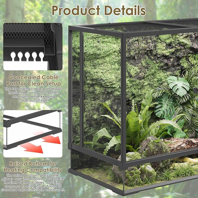 Erinnyees 74 Gallon Reptile Terrarium with Top Screen Ventilation, Snake Habitat with Heating Pad Space, Front Opening Reptile Vivarium with Sliding Cable Outlet for Leopard Geckos, Snakes, Turtles