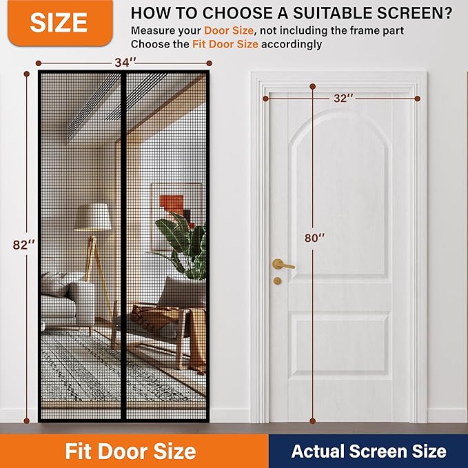 Magnetic Screen Door，Fiberglass Screen Door Mesh，Keep Bugs Out, Heavy-Duty Mesh Curtain,Pet and Kid Friendly, Works with Front Doors, Sliding Doors（32x80 Inch Fiberglass