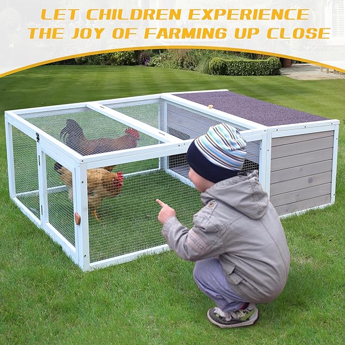 Chicken Coop with Run, 60” Rabbit Hutch Outdoor, Large Tortoise Habitat Pet Cage Wood Small Animal Poultry Cage Run with Waterproof Asphalt & Openable Roof and Side Door