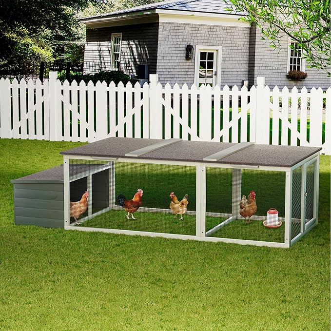 20.93ft² Large Wooden Chicken Coop with Run and Nesting Box – Outdoor Hen House with Weatherproof Asphalt Roof, Secure Wire Enclosure & Easy-Clean Design for 3–4 Chickens Gray