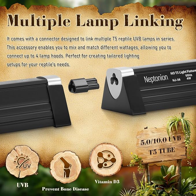 T5 Reptile UVB Light 12.5 Inches Fixture with UVB 10.0 Bulb High Output Hood for Terrariums, Basking Reptiles, Lizards, Chameleons, Iguanas, Bearded Dragons, 8W