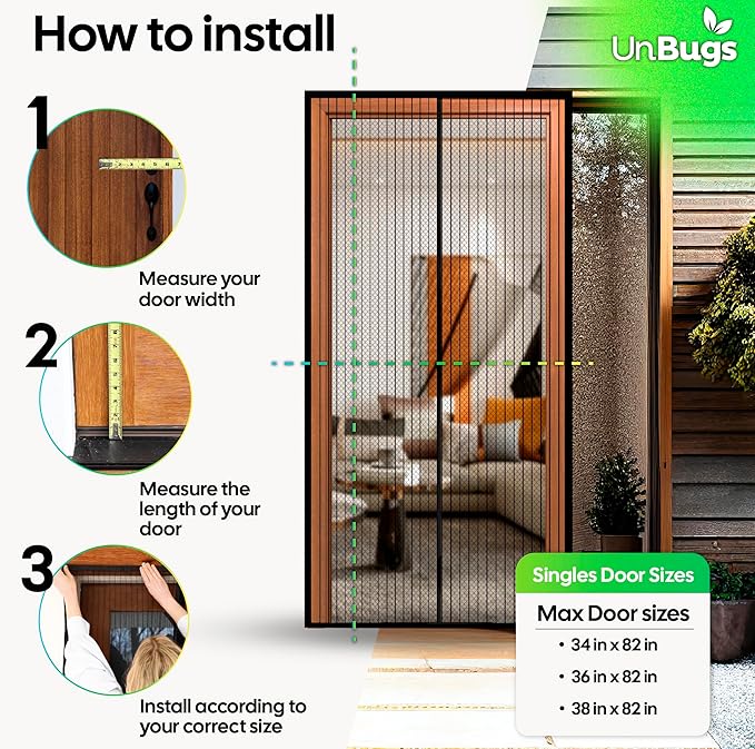 UnBugs Magnetic Screen Door - Fits Doors up to 36 x 82 Inches MAX - Pet & Kid Friendly, Self-Closing - Hands Free Magnet Closure Keeps Bugs Out & Breeze in