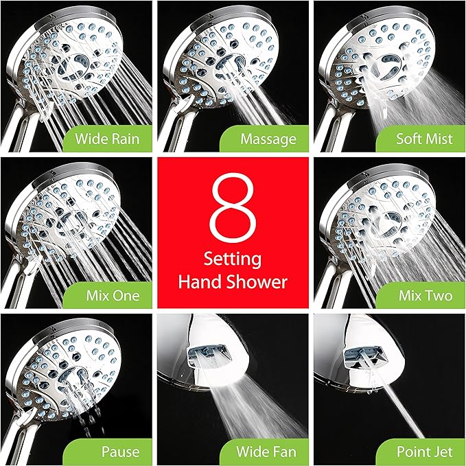 Hotel Spa AquaCare As-Seen-On-TV High Pressure Handheld/Rain 50-mode 3-way Shower Head Combo with Adjustable Arm - Anti-clog Nozzles, Tub & Pet Power Wash, 6 ft. Hose, All Chrome Finish