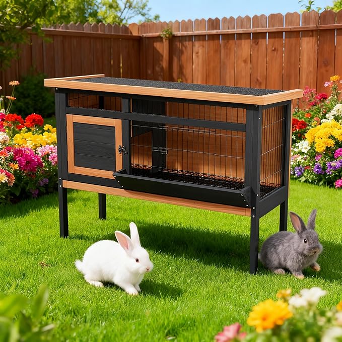 Rabbit Cage Elevated Bunny Hutch Indoor Outdoor,Wooden Chicken Coop Rabbit Hideout with Pull Out Tray,Feeding Trough,Metal Wire Pan and Openable Water-Resistant Asphalt Roof for Small Animals(Brown)