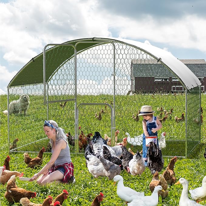 Large Metal Chicken Coop Run,Outdoor Walk-in Cage Peak Hen House with Waterproof and Anti-Uv Cover,Dome Roof Hen House with Security Lock for Outdoor,Backyard and Farm, 9.8 x 6.5 x 6.5 ft