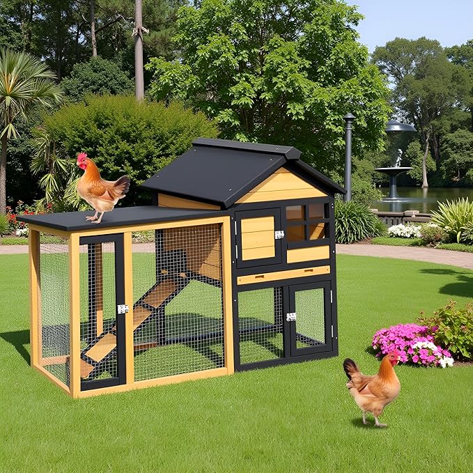 Outdoor Chicken coops for 2-4 Chickens Wooden with Waterproof Asphalt Roof, Ramp, and Multiple Doors Openable Top Pull-Out Tray Suitable for Outdoor Backyard (Yellow Black)