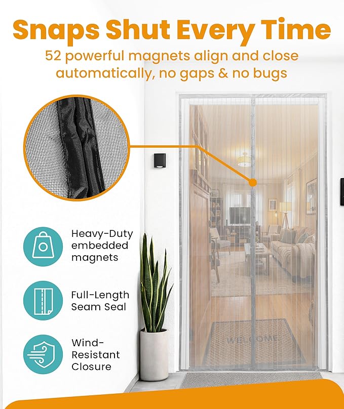 Flux Phenom Magnetic Screen Door Mesh 38x82 Inch – Easy Install, Strong Magnet Strength, Self-Sealing Mesh, Pet Tested, Hands-Free Entry, Doors Screen Magnetic Closure, Keeps Bugs Out - Gray