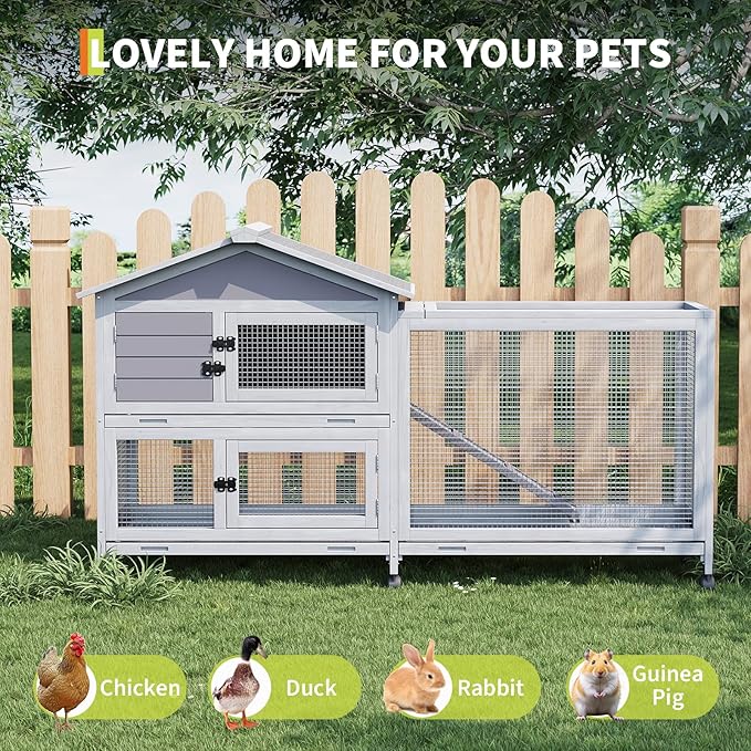 Rabbit Cage with Weatherproof Roof, Bunny Cage with 6 Lockable Caster Wheels & Pull-Out Tray, Rabbit Hutch for Indoor Outdoor Use, Grey（63.2" l x 22.4" w x 37"）