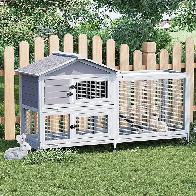 Rabbit Cage with Weatherproof Roof, Bunny Cage with 6 Lockable Caster Wheels & Pull-Out Tray, Rabbit Hutch for Indoor Outdoor Use, Grey（63.2" l x 22.4" w x 37"）