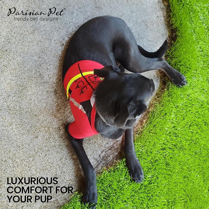Parisian Pet Embroidered Dog Firefighter Costume - 100% Cotton and Polyester - Sleeved Pet Shirt - Red - XL