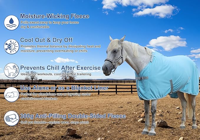 Horse Fleece Cooler, Blanket Liner - 300g Anti-Pilling Fleece, Moisture-Wicking, Cooling & Drying for Post-Workout, Bath & Travel, Prevent Overheating & Chilling Lightblue 72