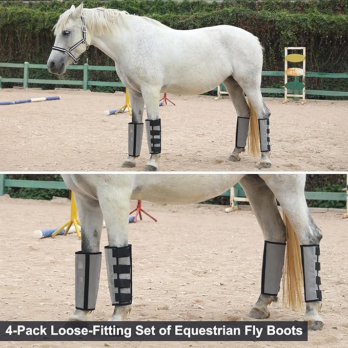 Horse Fly Boots Set of 4 - Non-Slip Leg Guards Extra Tough Mesh Ventilated, Adjustable Horse Fly Leggings Reduce Stomping & Hoof Stress & Leg Fatigue Grey Large