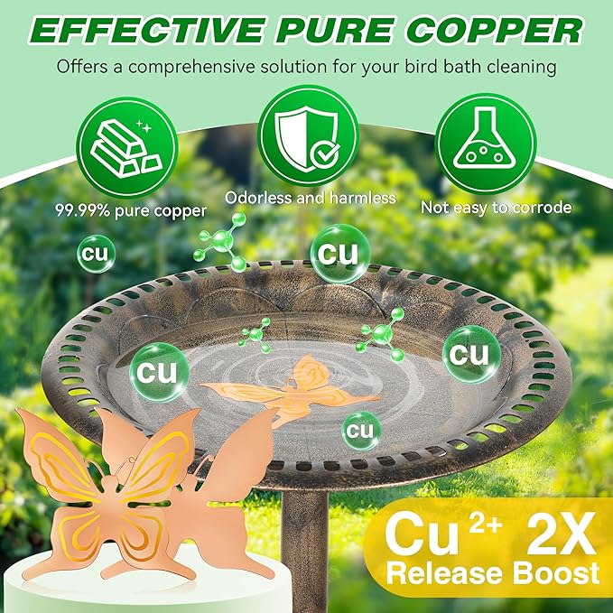 Saillong 1 Pack Bird Bath Copper Disk, Reinforced 99.99% Pure Copper Bird Bath Purification Disk for Physical Clean Water, Birdbaths Cleaner for Outdoor Birdbaths, Bowl and Garden Fountain (Butterfly)