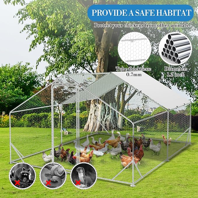 Large Metal Chicken Coop Run,Outdoor Walk-in Cage Peak Hen House with Waterproof and Anti-Uv Cover,Spire Roof Hen House with Security Lock for Outdoor,Backyard and Farm, 9.8 x 13.1 x 6.6 ft