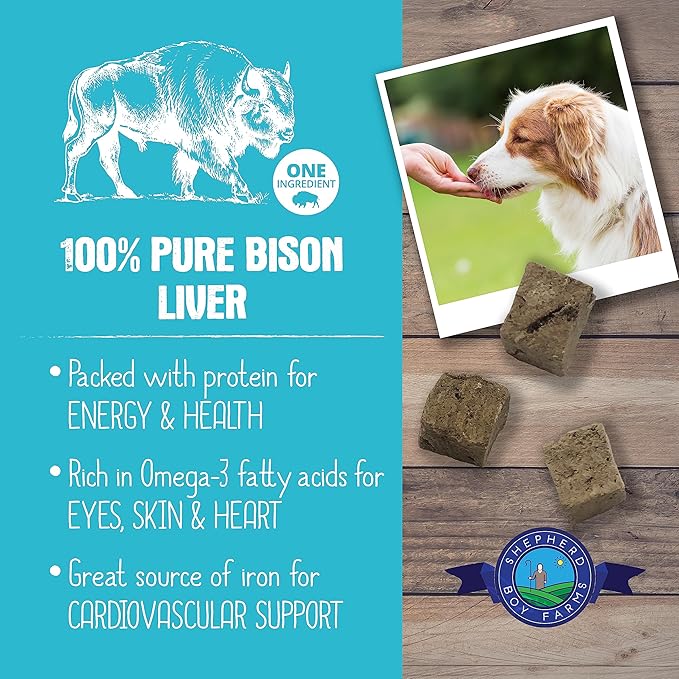 Shepherd Boy Farms Freeze Dried Dog and Cat Treats, Bison Liver, All Natural Freeze-Dried Dog Treat & Snacks, Made in USA, High in Protein, Essential Nutrition of Raw Food, 3oz