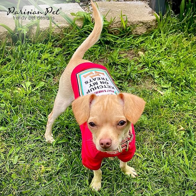 Parisian Pet Dog Shirt - Embroidered “I Put Ketchup on My Treats“ - 100% Cotton and Polyester Dog Clothes - Sleeved, Lightweight Costume for Dogs - Red Dog Shirts for Small Dogs - Pet Costumes - S