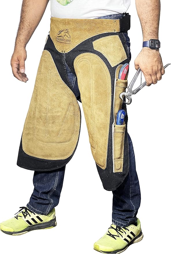 Equine Care Farrier Apron Chaps – Cowhide Suede Leather & Canvas, Adjustable Waist 28"-52" with Back Support, Tool Pockets & Nail Magnets – 23", 25", 27", 29" for Horse Shoeing (25 inches (65 cm))