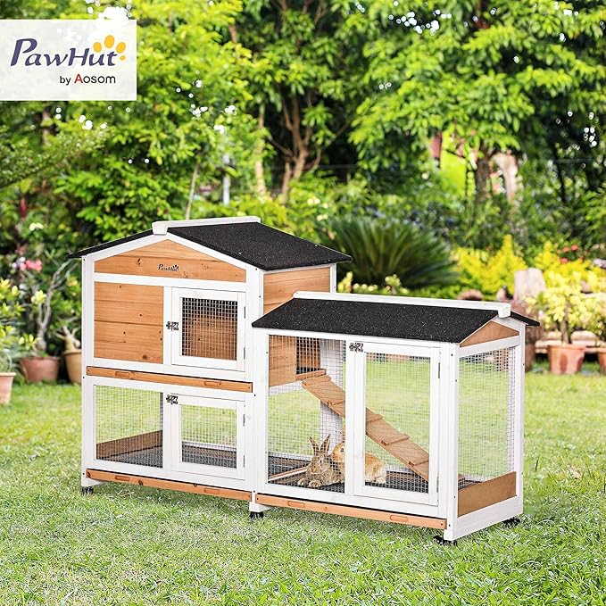 PawHut 62" Rabbit Hutch, Wooden Bunny Hutch, Guinea Pig Cage, Small Animal Enclosure with Wheels, Run Area, Removable Tray, Asphalt Roof, Lockable Doors and Ramp, for Rabbits, Chickens, Ducks, Nature