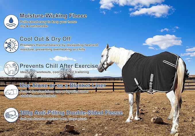 Horse Fleece Cooler, Blanket Liner - 300g Anti-Pilling Fleece, Moisture-Wicking, Cooling & Drying for Post-Workout, Bath & Travel, Prevent Overheating & Chilling Black 75
